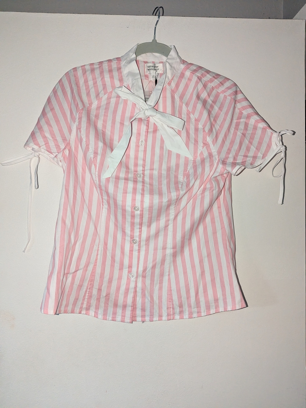 NWT Unique Vintage Pink & White Striped Tie-Neck Blouse